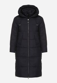 Born2be - Granatowa Długa Kurtka Pikowana z Kapturem i Bocznymi Suwakami Mevoressa. Okazja: na co dzień, na spacer. Typ kołnierza: kaptur. Kolekcja: plus size. Kolor: niebieski. Materiał: poliester, dzianina, jeans. Długość: długie. Styl: casual #6