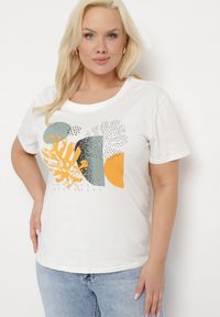 Born2be - Biały Bawełniany T-shirt z Nadrukiem i Cyrkoniami Tiimauni. Okazja: na co dzień. Kolor: biały. Materiał: bawełna. Wzór: nadruk. Styl: casual, klasyczny #1