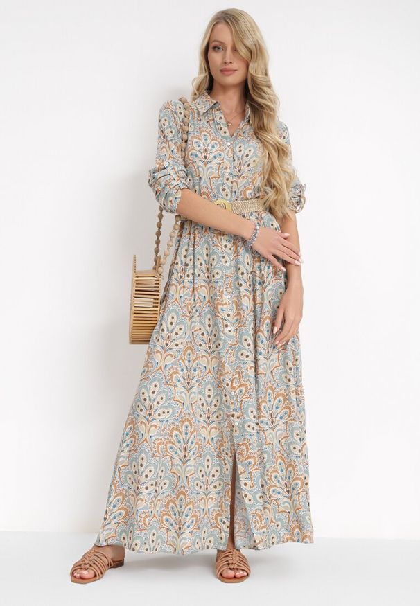 Born2be - Jasnoniebieska Sukienka z Guzikami i Plecionym Paskiem z Klamrą Aralty. Kolor: niebieski. Długość rękawa: długi rękaw. Sezon: wiosna, lato. Typ sukienki: koszulowe