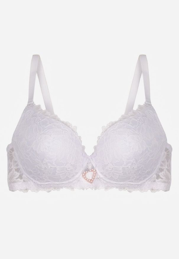 Born2be - Biały Biustonosz z Koronką i Sercem z Cyrkonii Coratune. Kolor: biały. Materiał: koronka. Wzór: koronka