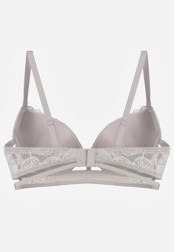 Renee - Szaro-Różowy Koronkowy Biustonosz w Klasycznym Stylu z Aplikacją Galinassa. Kolor: szary. Materiał: koronka. Wzór: aplikacja