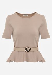 Renee - Beżowa Dzianinowa Bluzka Baskinka z Paskiem i Klamrą Megassa. Kolor: beżowy. Materiał: dzianina #6