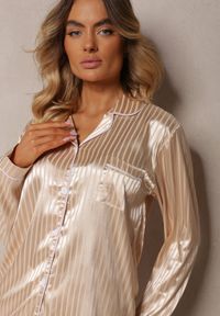 Renee - Beżowy Komplet Piżamowy Góra o Koszulowym Kroju z Guzikami Spodnie z Gumką w Talii Rivanias. Kolekcja: plus size. Kolor: beżowy. Długość: długie #4