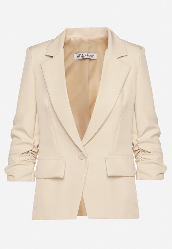 Born2be - Beżowa Elegancka Marynarka z Rękawami 7/8 i Ozdobnymi Klapami Novse. Okazja: na spotkanie biznesowe, na co dzień. Kolor: beżowy. Styl: elegancki