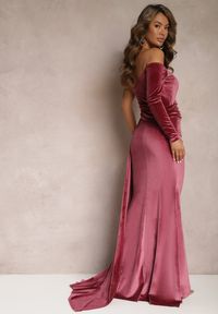 Renee - Różowa Asymetryczna Sukienka Maxi z Ozdobnym Marszczeniem i Trenem Cirielle. Kolor: fioletowy. Typ sukienki: asymetryczne. Długość: maxi