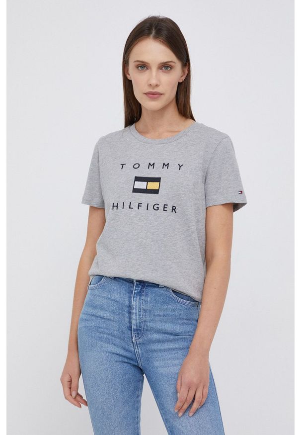 TOMMY HILFIGER - Tommy Hilfiger T-shirt bawełniany kolor szary. Okazja: na co dzień. Kolor: szary. Materiał: bawełna. Wzór: aplikacja. Styl: casual