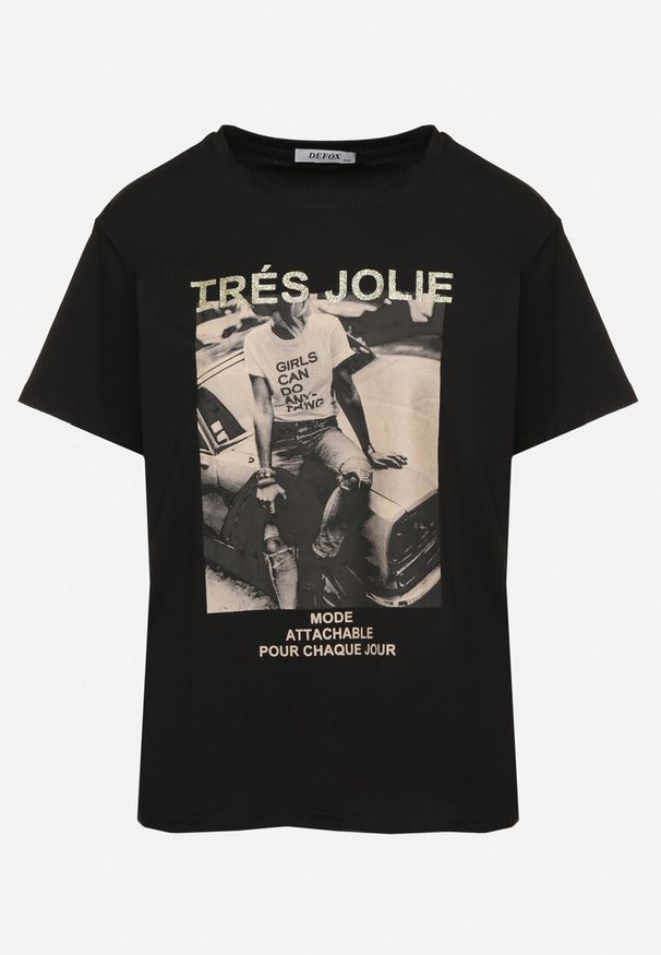 Born2be - Czarny T-shirt z Bawełny Ozdobiony Nadrukiem i Brokatem Marionel. Okazja: na co dzień. Kolor: czarny. Materiał: bawełna. Wzór: aplikacja, nadruk. Styl: klasyczny, elegancki, casual