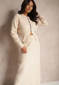 Renee - Jasnobeżowy Komplet z Dzianiny z Wełną Kardigan z Guzikami i Spódnica z Gumką w Talii Melzina. Kolor: beżowy. Materiał: dzianina, wełna