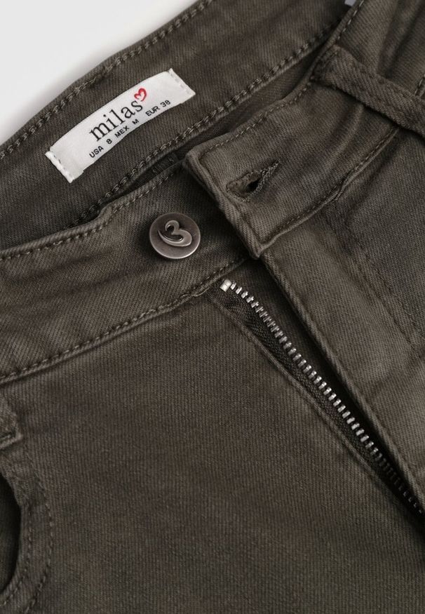 Renee - Ciemnozielone Szerokie Jeansy z Bawełny Violore. Stan: podwyższony. Kolor: beżowy