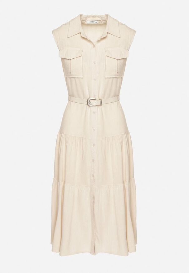 Born2be - Beżowa Koszulowa Sukienka z Wiskozy z Bawełną Ozdobiona Paskiem Rivebia. Okazja: na co dzień. Kolor: beżowy. Materiał: bawełna, wiskoza. Wzór: aplikacja. Typ sukienki: koszulowe. Styl: casual, elegancki