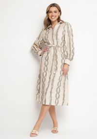 Born2be - Beżowa Koszulowa Sukienka z Wiskozy z Wiązanym Paskiem Zdobiona Haftem Rallisia. Okazja: na co dzień. Kolor: beżowy. Materiał: wiskoza. Wzór: aplikacja, haft. Typ sukienki: koszulowe. Styl: klasyczny, casual, elegancki #4