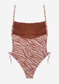 Renee - Brązowy Strój Kąpielowy z Odkrytymi Plecami i Wiązaniami Zarinania. Kolekcja: plus size. Kolor: brązowy. Materiał: koronka. Wzór: nadruk #3