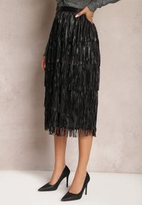 Renee - Czarna Plisowana Spódnica Midi z Frędzlami Alastrina. Kolor: czarny. Materiał: materiał #2