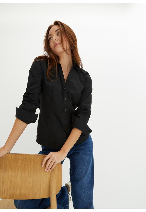 bonprix - Bluzka ze stretchem. Typ kołnierza: dekolt w serek. Kolor: czarny. Długość rękawa: długi rękaw. Długość: długie