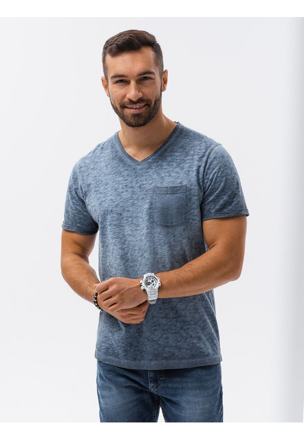Ombre Clothing - T-shirt męski z kieszonką - ciemnoniebieski melanż V7 - Rozmiar: M. Kolor: niebieski. Materiał: jeans, bawełna. Wzór: melanż
