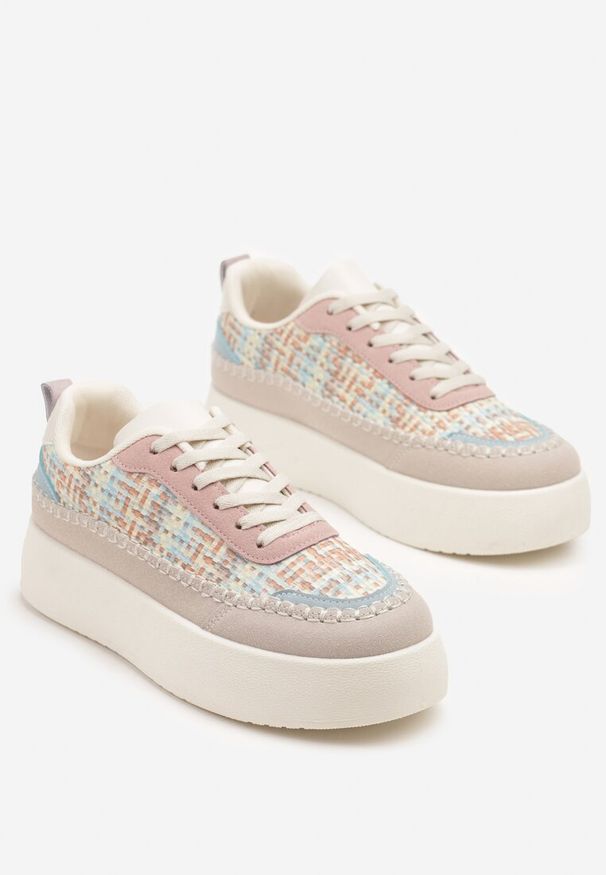 Born2be - Beżowo-Różowe Sneakersy na Grubej Podeszwie z Plecioną Cholewką Nilavanea. Okazja: na co dzień. Kolor: beżowy. Materiał: jeans. Szerokość cholewki: normalna