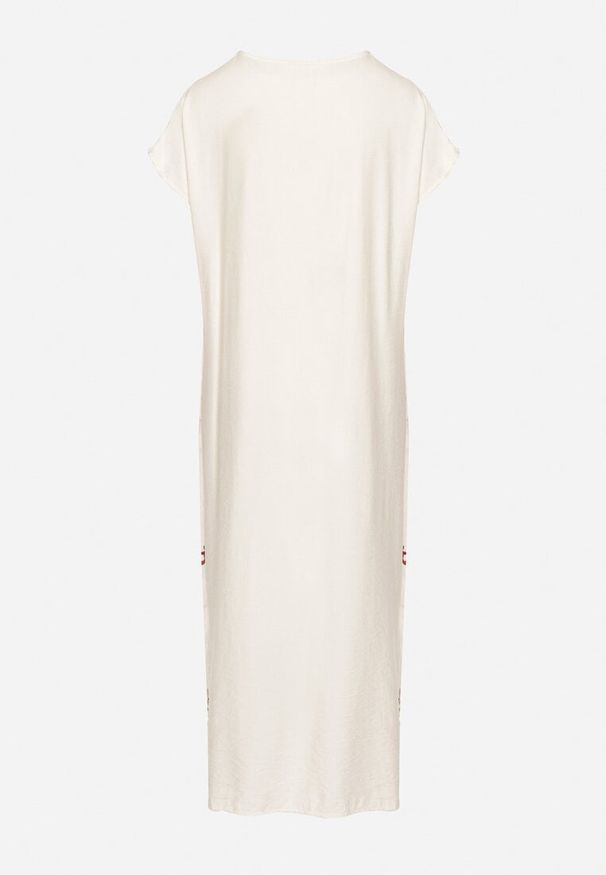 Born2be - Biało-Czerwona Wiskozowa Sukienka Pudełkowa z Ornamentnym Wzorem Melosea. Okazja: na co dzień. Kolor: biały. Materiał: wiskoza. Styl: elegancki, casual