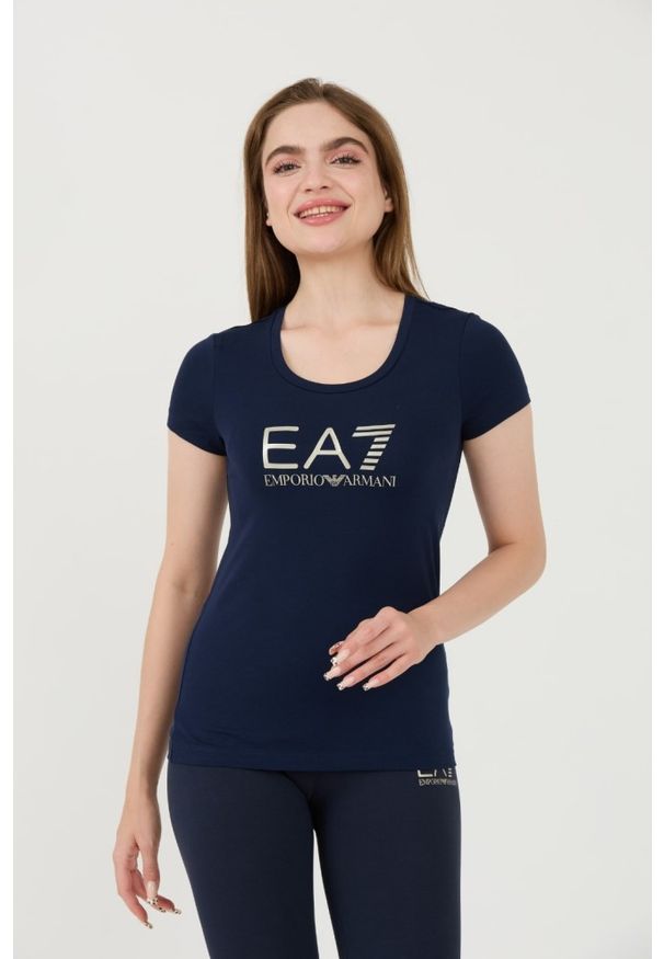 EA7 Emporio Armani - EA7 Granatowy damski t-shirt ze srebrnym logo, Rozmiar M. Kolor: niebieski