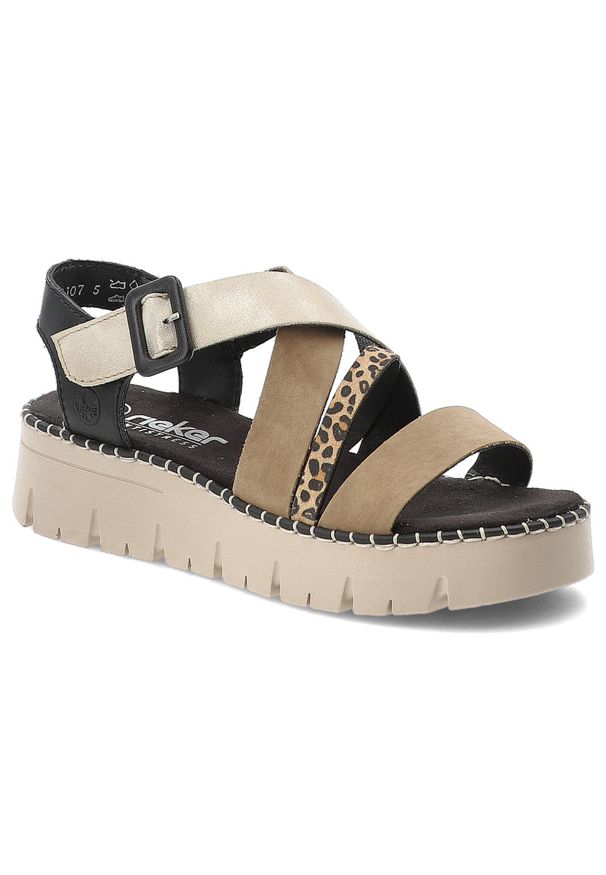 Sandały damskie Rieker, cholewka ze skóry ekologicznej z ozdobnymi paskami i motywem zwierzęcym regulowane zapięcie na sprzączkę, multi, V1063-90. Okazja: na co dzień, na spacer. Zapięcie: pasek. Kolor: beżowy. Materiał: skóra ekologiczna. Wzór: motyw zwierzęcy. Sezon: lato. Styl: wakacyjny, casual, elegancki