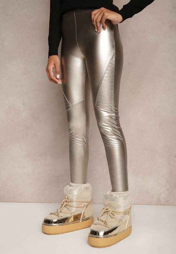 Renee - Srebrne Spodnie z Ekoskóry Skinny High Waist Ocieplane Polarową Wyściółką Lavimi. Okazja: na spacer, na co dzień. Stan: podwyższony. Kolor: srebrny. Materiał: polar. Wzór: aplikacja. Styl: elegancki, casual