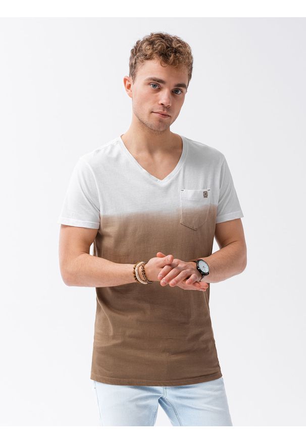 Ombre Clothing - T-shirt męski bawełniany S1380 - brązowy - XXL. Kolor: brązowy. Materiał: bawełna. Sezon: lato