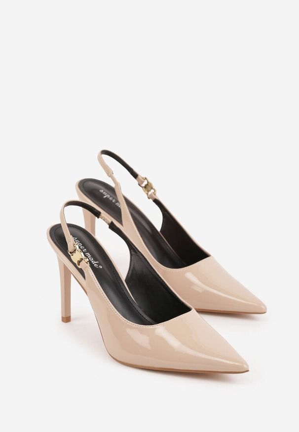 Renee - Beżowe Sandały Slingback na Szpilce z Lakierowanym Połyskiem i Aplikacją Phisvienne. Kolor: beżowy. Materiał: lakier. Wzór: aplikacja. Obcas: na szpilce. Styl: elegancki