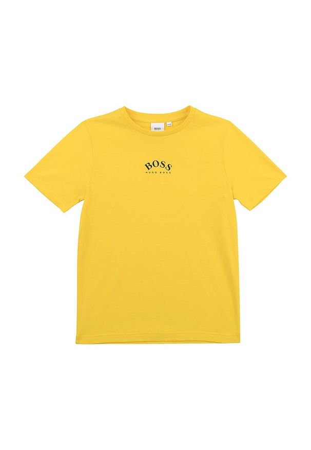 BOSS - Boss - T-shirt dziecięcy. Okazja: na co dzień. Kolor: żółty. Materiał: bawełna, dzianina, elastan. Wzór: nadruk. Styl: casual