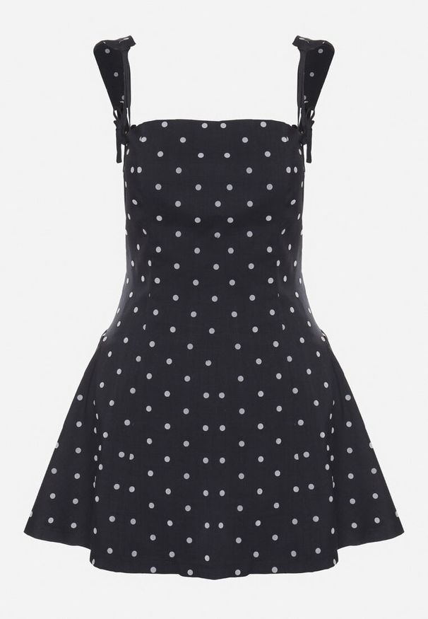 Born2be - Granatowa Sukienka Vices w Grochy o Rozkloszowanym Kroju z Wiązaniem na Ramiączkach Saririse. Okazja: na wesele, na ślub cywilny. Typ kołnierza: dekolt kwadratowy, dekolt gorset. Kolor: niebieski. Długość rękawa: na ramiączkach. Wzór: grochy. Typ sukienki: gorsetowe