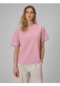 4f - 4F T-shirt loose gładki damski - różowy M. Okazja: na co dzień. Kolor: różowy. Materiał: skóra, bawełna, dzianina. Wzór: gładki. Styl: casual #1