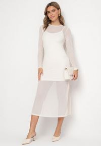 Born2be - Jasnobeżowa Sukienka Siateczkowa w Prążki z Wiskozą Niniria. Okazja: na co dzień. Kolor: beżowy. Materiał: wiskoza. Długość rękawa: na ramiączkach. Wzór: prążki. Typ sukienki: proste. Styl: casual, elegancki #4