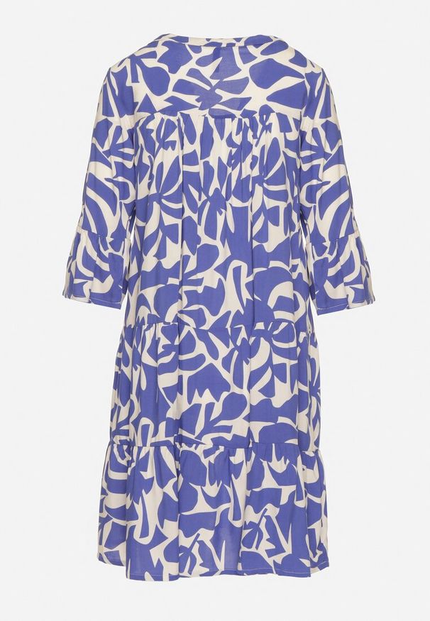 Born2be - Niebieska Wiskozowa Rozkloszowana Sukienka z Abstrakcyjnym Wzorem Liracalia. Okazja: na co dzień. Kolor: niebieski. Materiał: wiskoza. Styl: casual, elegancki