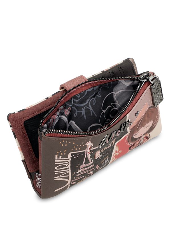 Portfel damski Anekke, duży we wzorki z miejscem na zdjęcia na karty i na bilon, brązowy, 41809-907. Kolor: brązowy. Materiał: materiał. Wzór: aplikacja, haft