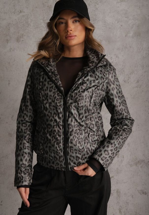 Renee - Zielona Panterkowa Kurtka z Odpinanym Kapturem Anastaera. Okazja: na co dzień. Kolor: zielony. Materiał: jeans, poliester. Wzór: motyw zwierzęcy, nadruk. Styl: casual