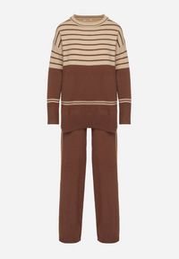 Born2be - Brązowy Dzianinowy Komplet z Wełną Sweter w Paski i Spodnie Raleina. Kolor: brązowy. Materiał: dzianina, wełna. Wzór: paski #3