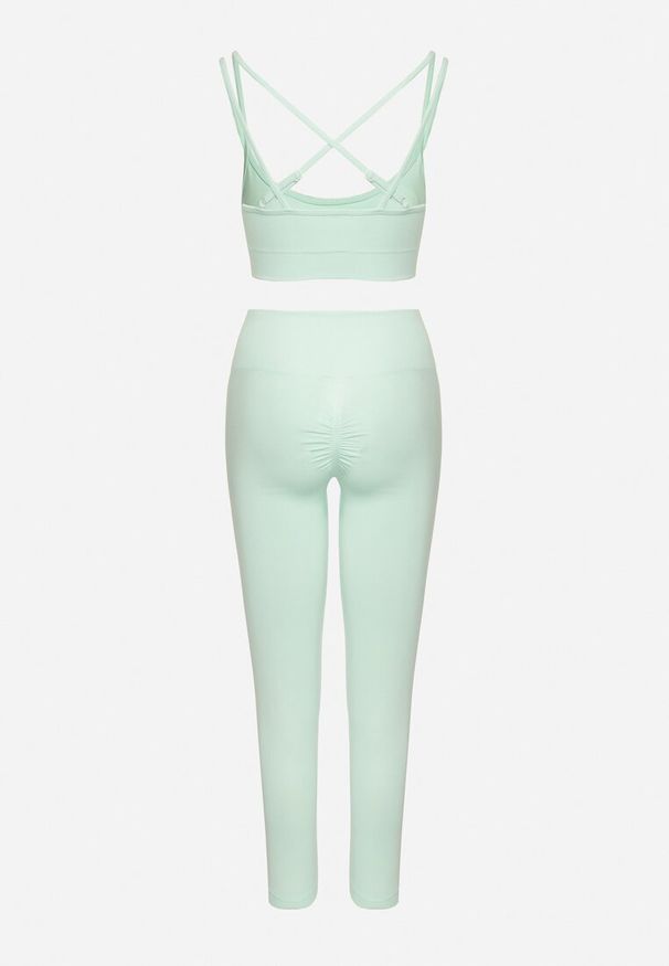 Born2be - Miętowy Komplet Sportowy Biustonosz na Ramiączkach i Legginsy z Gumką w Pasie Nadlira. Kolor: miętowy. Sport: fitness