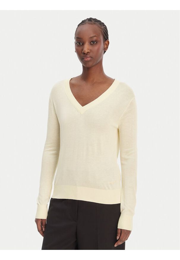 Calvin Klein Sweter LV044F324G Écru Regular Fit. Kolor: kremowy. Materiał: bawełna