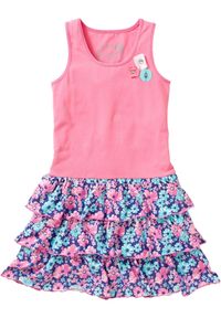 bonprix - Sukienka z dżerseju z falbaną. Typ kołnierza: kołnierz z falbankami. Kolor: różowy. Materiał: jersey. Długość rękawa: bez rękawów. Wzór: aplikacja #1