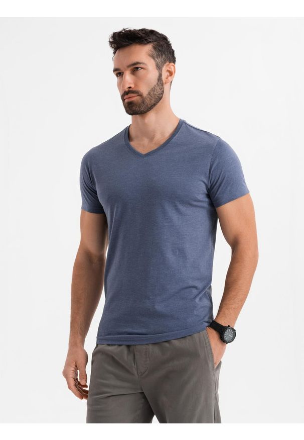 Ombre Clothing - Męska klasyczna bawełniana koszulka z dekoltem w serek BASIC – niebieski melanż V18 - Rozmiar: L. Typ kołnierza: dekolt w serek. Kolor: niebieski. Materiał: bawełna. Wzór: melanż. Styl: klasyczny