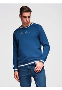 Ombre Clothing - Męska bluza z raglanowym rękawem i kontrastowymi detalami – ciemnoniebieska V1 - Rozmiar: S. Okazja: na co dzień. Kolor: niebieski. Materiał: dzianina, bawełna, poliester, materiał. Długość rękawa: raglanowy rękaw. Wzór: haft, gładki. Styl: klasyczny, casual, elegancki #1