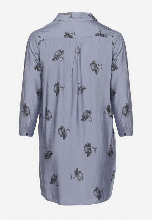 Born2be - Granatowa Koszulowa Sukienka z Guzikami i Regulowanymi Rękawami Xatella. Kolekcja: plus size. Kolor: niebieski. Wzór: kwiaty. Typ sukienki: koszulowe