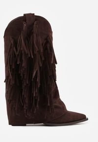 Renee - Brązowe Botki Kowbojki na Słupku Ozdobione Frędzlami i Wywiniętą Cholewką Aedime. Okazja: na co dzień. Kolor: brązowy. Szerokość cholewki: normalna. Wzór: aplikacja. Obcas: na słupku. Styl: casual #8