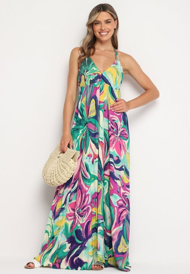 Born2be - Zielono-Fioletowa Rozkloszowana Sukienka z Wiskozy z Odcięciem pod Biustem Wiązana na Szyi i Plecach Nividia. Okazja: na co dzień. Kolor: zielony. Materiał: wiskoza. Sezon: lato. Typ sukienki: sportowe, proste. Styl: sportowy, klasyczny, casual, elegancki