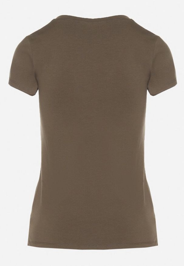 Born2be - Ciemnozielony T-shirt z Bawełny z Dekoltem w Serek Liniviela. Okazja: na co dzień. Typ kołnierza: dekolt w serek. Kolor: zielony. Materiał: bawełna. Styl: casual