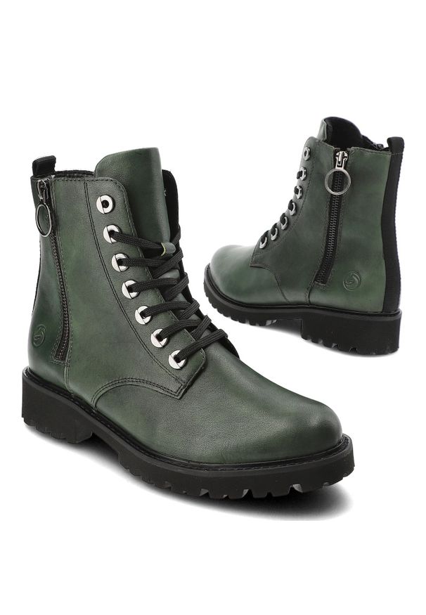 Zielone Botki Remonte Ocieplane Obuwie Damskie. Okazja: na spacer, na co dzień. Kolor: zielony. Materiał: skóra. Sezon: jesień, lato. Obcas: na obcasie. Styl: casual, elegancki, retro. Wysokość obcasa: średni