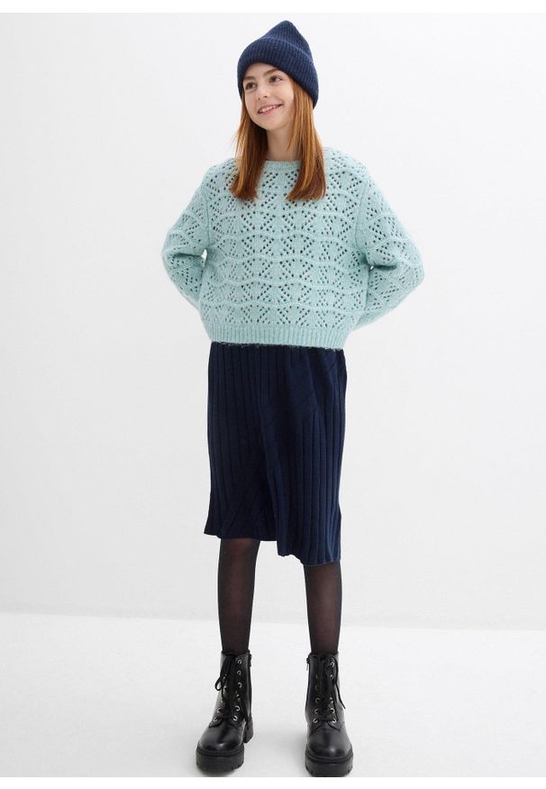 bonprix - Gruby sweter w ażurowy wzór. Kolor: szary. Wzór: ażurowy