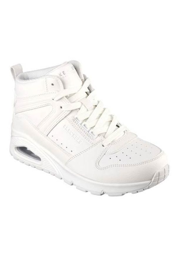 skechers - Buty do chodzenia damskie Skechers Uno-High Regards. Wysokość cholewki: za kostkę. Kolor: biały. Materiał: materiał, syntetyk. Szerokość cholewki: normalna. Sport: turystyka piesza