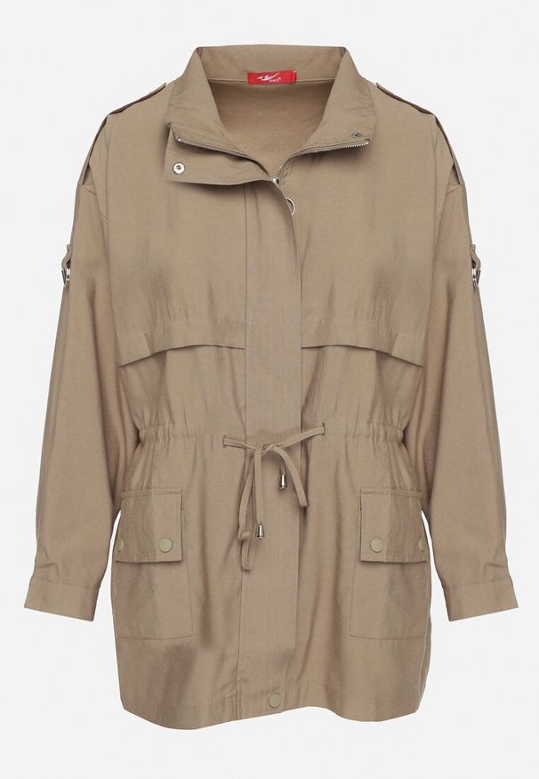 Born2be - Beżowa Kurtka Parka z Bawełną Ściągana w Pasie Troczkiem Zapinana na Napy Velethra. Kolor: beżowy. Materiał: bawełna