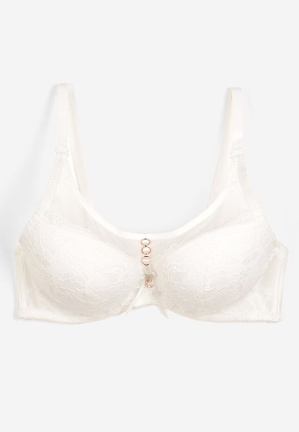 Renee - Jasnobeżowy Biustonosz Push-Up Wykończony Koronką i Cyrkoniami Rivathara. Kolor: beżowy. Materiał: koronka. Rodzaj stanika: push-up. Wzór: koronka