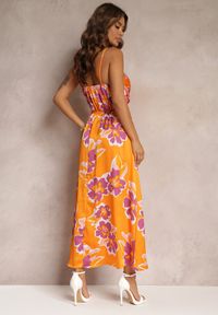 Renee - Pomarańczowa Sukienka Maxi z Wycięciem na Brzuchu i Gumką w Pasie Rlice. Kolor: pomarańczowy. Długość: maxi #5
