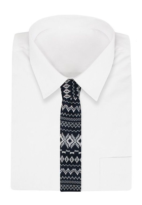 Granatowo-Biały Dziergany, Męski Krawat Knit, 5,5 cm -Alties- Wzór Norweski, Świąteczny. Kolor: niebieski. Materiał: poliester. Styl: wizytowy